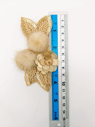 Beige Hand Embroidered Floral Applique, Beaded and Sequins Applique